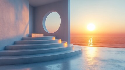 Canvas Print - Minimalist circular staircase overlooking sunset ocean view.