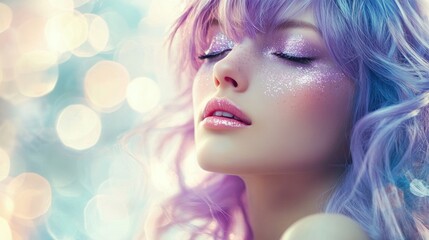 Wall Mural - Serene woman with purple hair and glitter makeup, eyes closed.