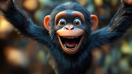 Wall Mural - Happy chimpanzee baby with open arms, close-up.