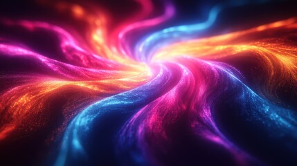Wall Mural - Abstract swirling vibrant neon light trails with glitter particles on black background.