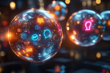 Sticker - Glowing spheres with communication icons.