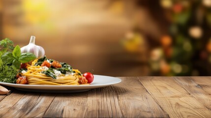 Wall Mural - A beautifully presented plate of pasta garnished with herbs and cherry tomatoes, set against a warm, blurred background.