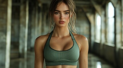 Wall Mural - Confident young woman in sports bra, posing indoors.