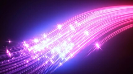Wall Mural - Abstract glowing pink and blue fiber optic lines with sparkles on dark background.