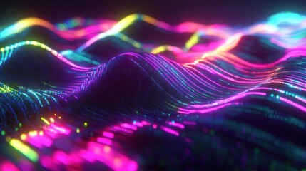 Wall Mural - Abstract vibrant neon waves, glowing particles, digital landscape.