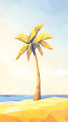 Wall Mural - Low-poly Palm Tree on Tropical Beach, Sunrise, Vacation Poster.