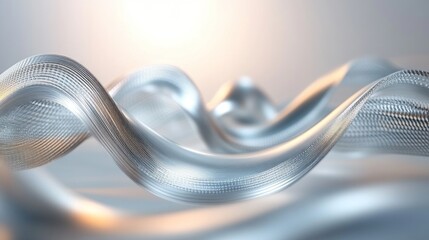Wall Mural - Abstract silver wave, flowing metallic ribbon, elegant curves,  smooth texture, light reflection.