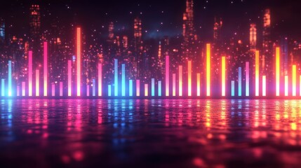 Wall Mural - Vibrant neon cityscape with glowing equalizer bars reflecting on wet ground at night.