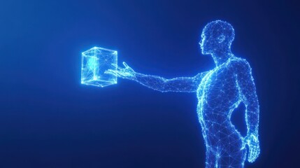 Wall Mural - abstract polygonal man holding glowing cube.