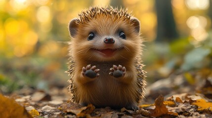 Wall Mural - Adorable baby hedgehog sitting on autumn leaves, smiling.