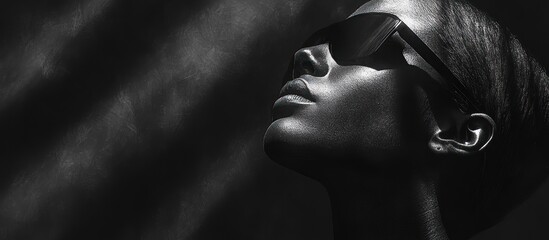 Canvas Print - Black and white portrait of a woman wearing sunglasses, looking up, dramatic lighting.