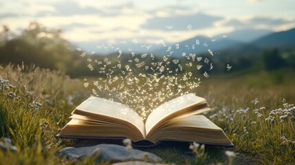 Canvas Print - Open book in grassy field with magical particles emanating from its pages, set against a scenic mountain backdrop at sunset.