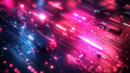 Wall Mural - abstract futuristic circuit board with glowing neon pink and blue lines.