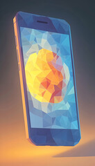 Low-poly smartphone screen displaying abstract art, on gradient background; app design concept.