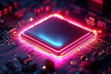 Wall Mural - close-up of a glowing cpu on a circuit board, showcasing technological advancement.