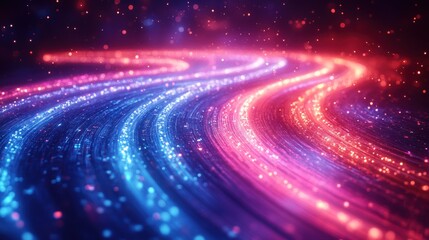 Wall Mural - Abstract glowing pink and blue light trails curves on dark background.