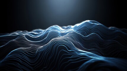 Wall Mural - Abstract blue glowing lines forming wavy landscape.