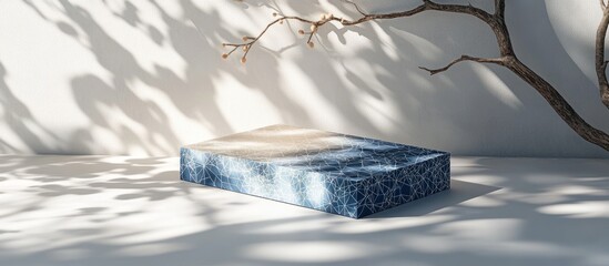 Wall Mural - blue and beige textured platform on white surface with tree branch shadows.
