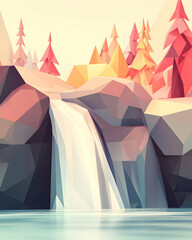 Low-poly waterfall landscape, autumn forest background, nature scene, website banner.
