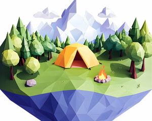 orange tent with campfire on grass island, surrounded by trees and mountains. for travel or camping 
