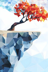 Wall Mural - Tree on cliff edge, abstract geometric sky, illustration for print, website or book cover.