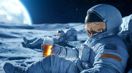 Wall Mural - astronauts enjoying a cold beverage on the moon's surface