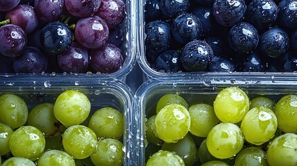 Canvas Print - Fresh green, red, and black grapes in plastic containers.