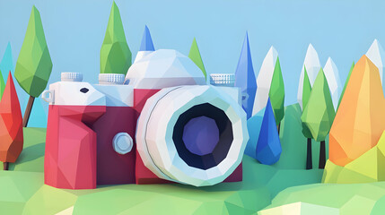 Low-poly camera in vibrant landscape; nature photography concept, website banner.