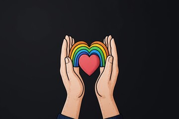 Poster - A minimalist illustration of two interlocked hands holding a small rainbow heart, drawn with clean lines and soft pastel colors