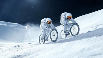 Wall Mural - astronauts ride bicycles on the lunar surface during exploration