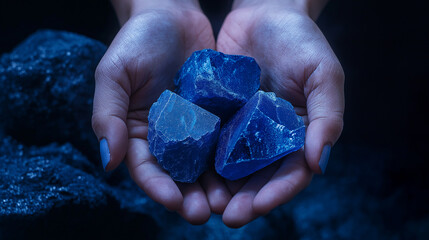 Hands holding raw cobalt rocks, dust particles visible in sharp contrast with a dark background