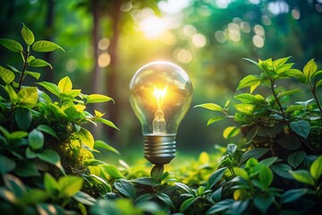 Wall Mural - Surreal Lightbulb Green Leaves Photography, Glowing Bulb, Nature Surrealism, Fantasy Plants, Magical Light, Dreamlike Image, Ethereal Glow,  Illuminated Foliage