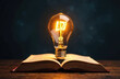 © Alena - Light bulb with book, Idea concept for innovation idea, power of knowledge, power of reading, Self-learning, education knowledge. Internet education course degree, Idea of learning online class