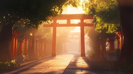 Poster - Front view of the torii gates of Fushimi Inari Shrine, with vibrant red hues glowing softly under the morning light, creating a spiritual tone, in 4K resolution