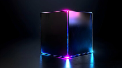 Wall Mural - Abstract Cube, Glowing Neon Edges, Dark Background, Digital Art