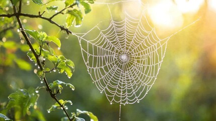 Dew-covered spiderweb in morning sunlight.