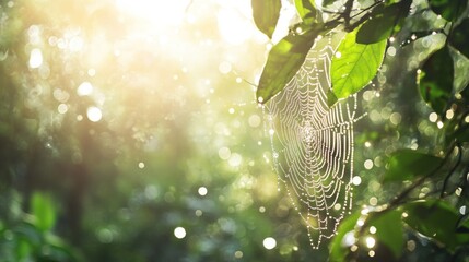 Dew-covered spiderweb in sunlight, green bokeh background.