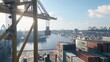 © Thanarat - A port scene featuring a crane unloading containers by the water, with ships in the background under a clear blue sky.