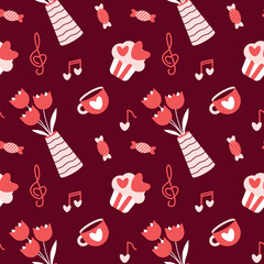 Wall Mural - Cozy Romantic Pattern with Tulips, Cupcakes, and Musical Notes on Burgundy Valentines Day seamless pattern Square vector backdrop, wedding, packaging, wrapping paper, wallpaper, fabric, textile