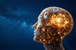 © Thanyarat - A digital painting of a glowing head-shaped structure made of gears, set against a starry night sky to symbolize futuristic thinking