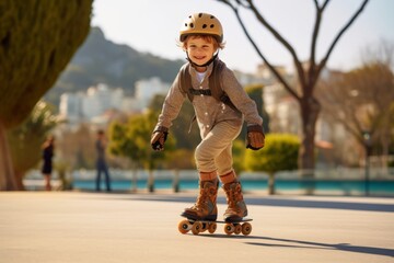 Wall Mural - Cute little boy riding on roller skates in park. Active leisure for children.