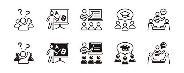 Wall Mural - education classroom student learning icon set workshop seminar school conference coaching course lecture signs vector line illustration