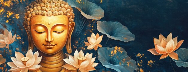 Wall Mural - A painting depicting the Buddha, lotus flowers, and leaves against a dark blue background