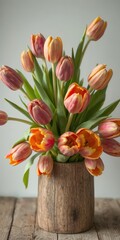 Wall Mural - Vibrant tulips in a rustic wooden vase, botany, springtime, purple