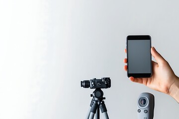 hand using selfie stick isolated white