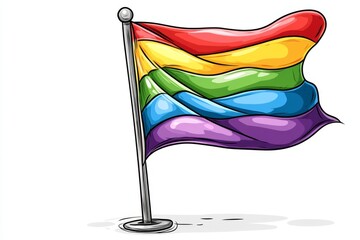 Poster - A simple graphic of a rainbow flag flowing in the wind, with bold lines and a clean white background symbolizing love and equality