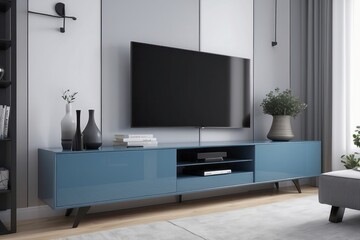 Wall Mural - Living Room Design With Blue Track Arm Sofa And Glossy Grey TV Console