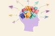 © Vadym - Conceptual illustration of stressed overloaded mind. Head silhouette displays cluttered brain with colorful crumpled paper pieces resembling thoughts, ideas. Multiple arrows radiate outward,