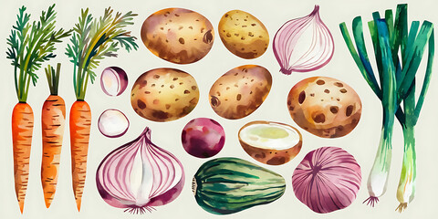 Wall Mural - A watercolor style illustration of various vegetables isolated on a white background