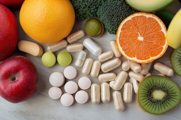 Colorful assortment of fruits and supplements arranged on a wooden surface during daylight hours